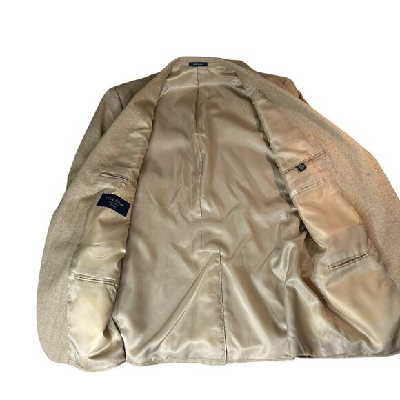 Club Room Herringbone Blazer Sport Coat Elbow Patch Mens 42R Tan Academia - Picture 10 of 13